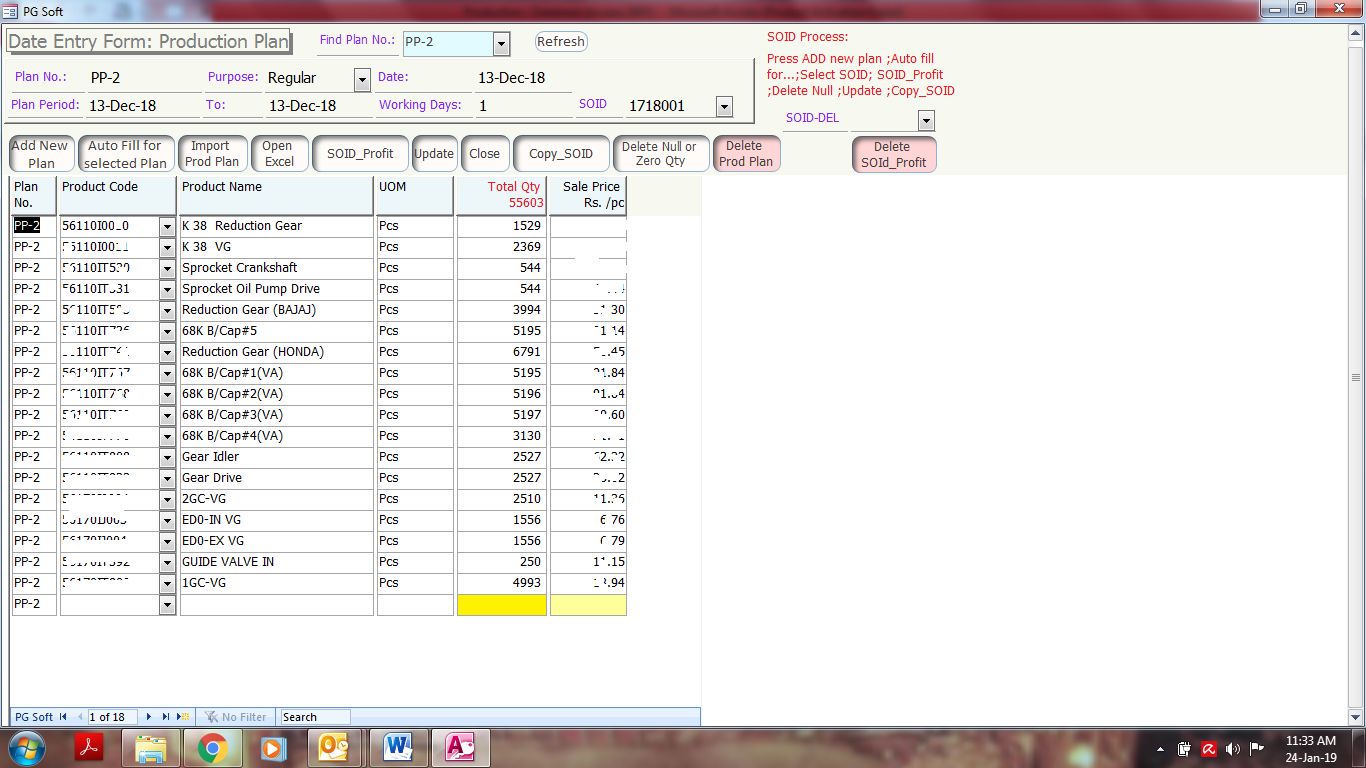 Production Plan -Data Entry