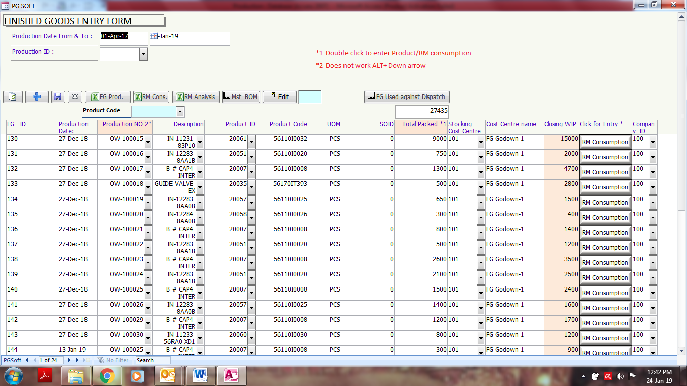 FG production Data Entry 